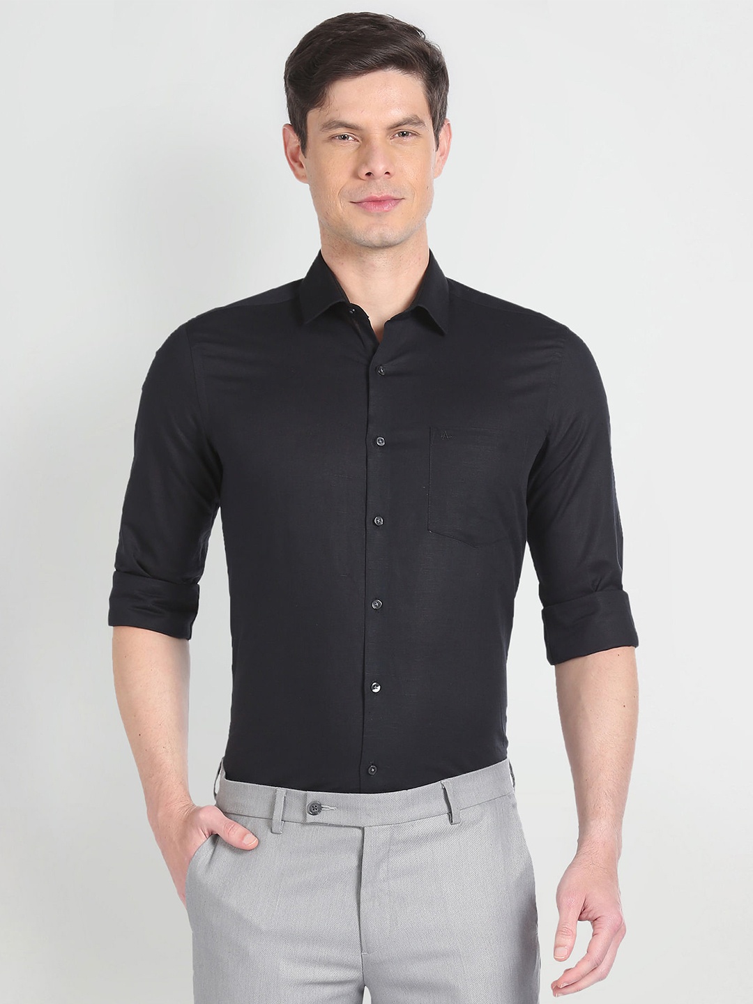 

Arrow Slim Fit Cotton Linen Formal Shirt, Black