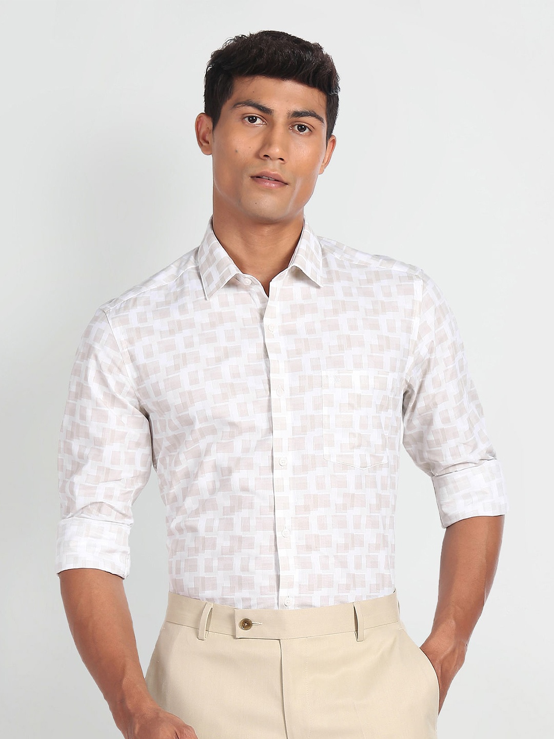 

Arrow Slim Fit Geometric Printed Pure Cotton Formal Shirt, Beige