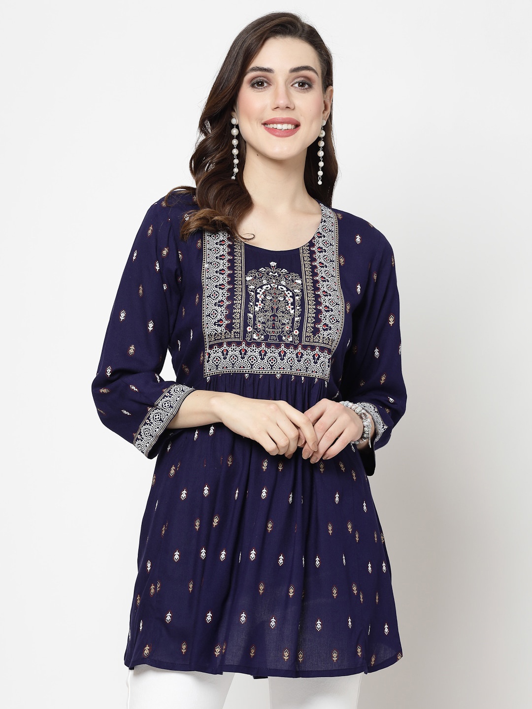 

KALINI Ethnic Motifs Printed Gathers Regular Tunic, Navy blue