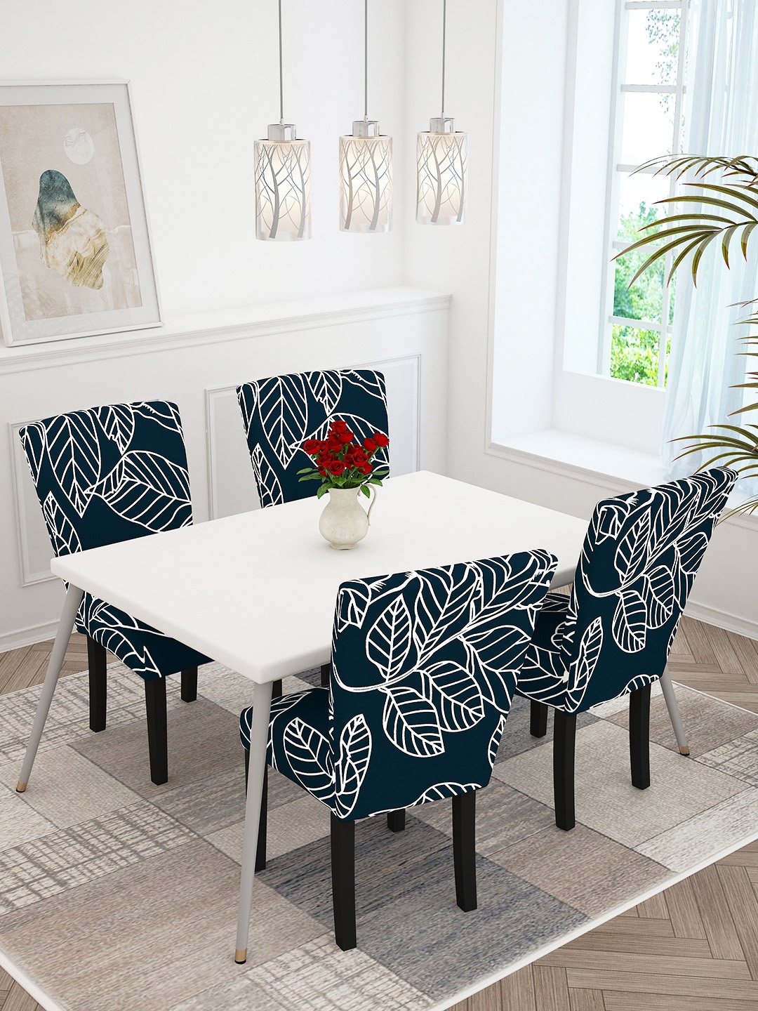 Story@home Navy Blue 4 Pieces Floral Printed Chair Covers