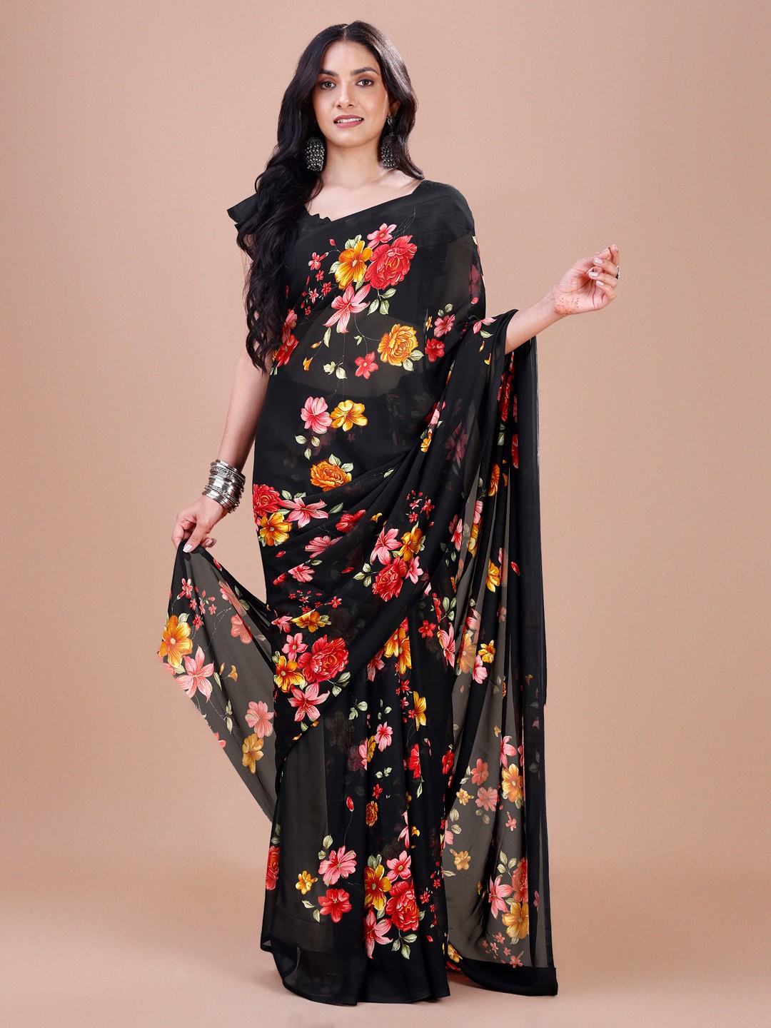 

Dori Floral Printed Pure Georgette Saree, Black