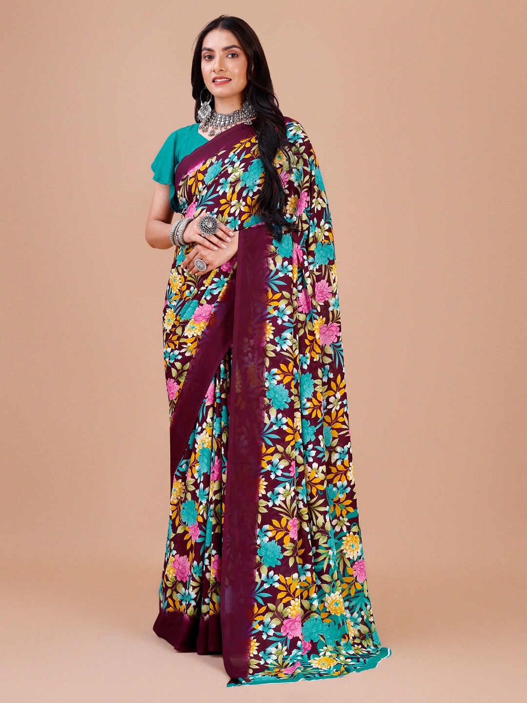 

Dori Floral Printed Pure Georgette Saree, Purple