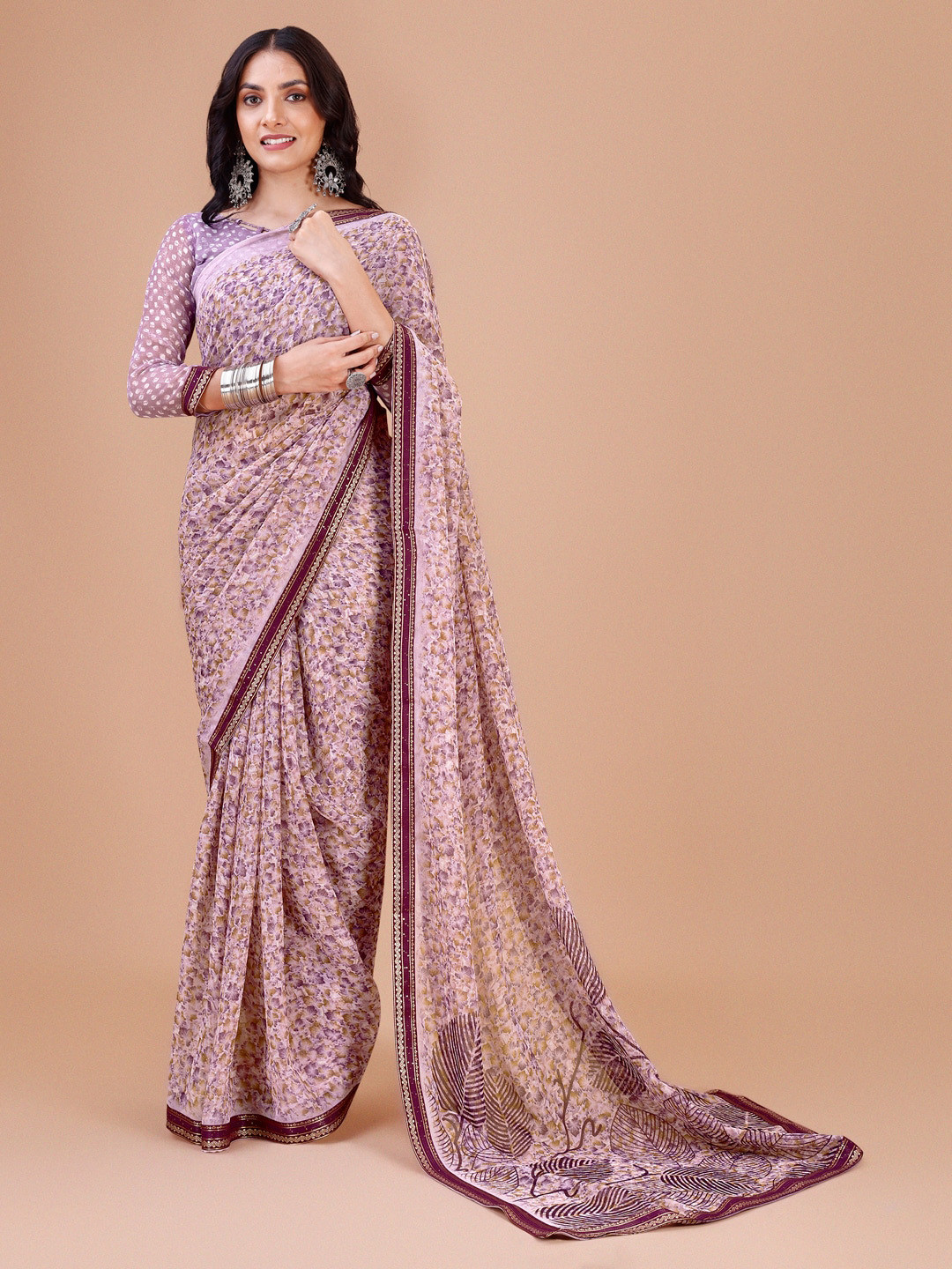 

Dori Floral Printed Embellished Pure Chiffon Saree, Purple
