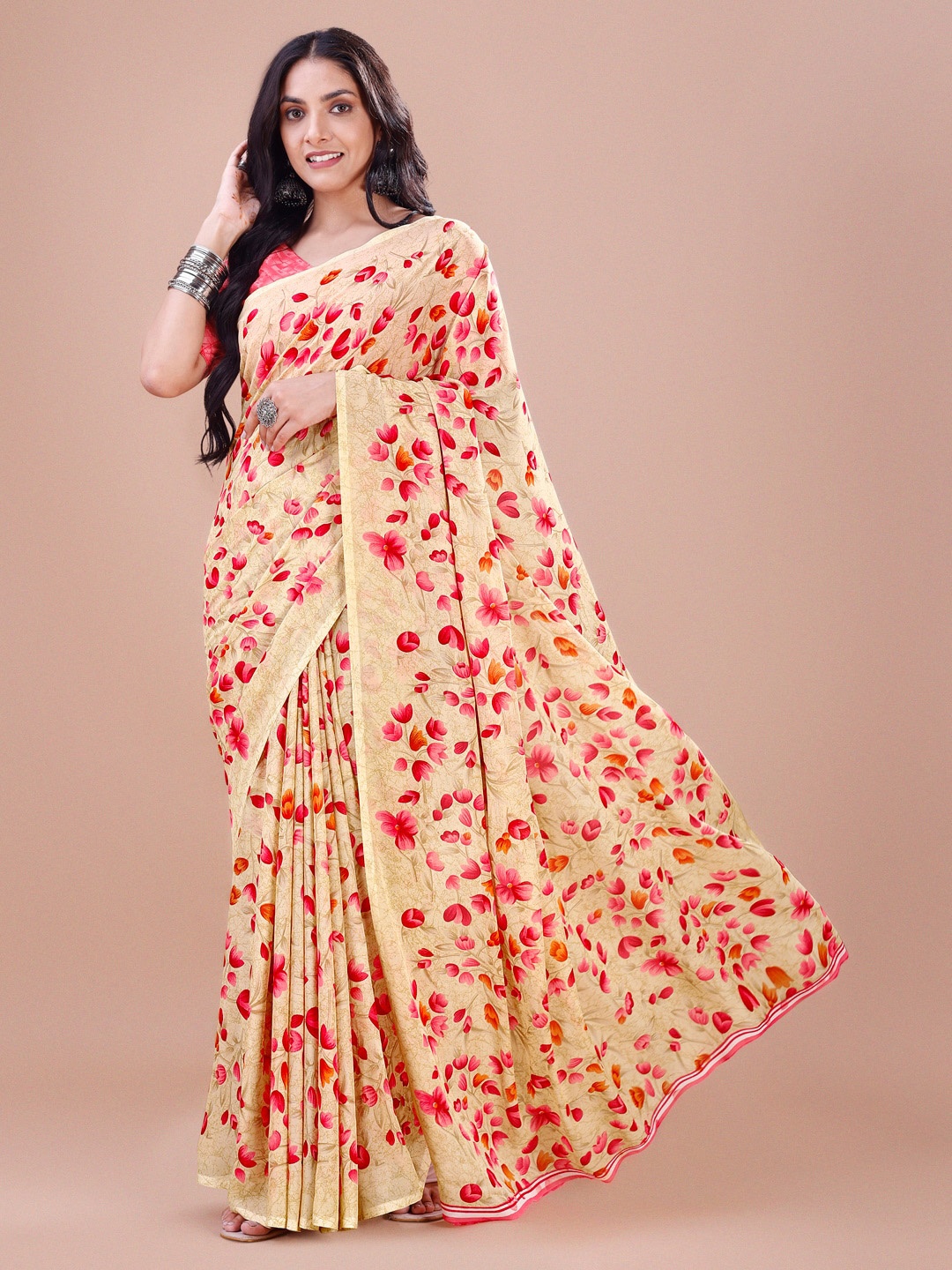 

Dori Floral Printed Pure Georgette Saree, Beige