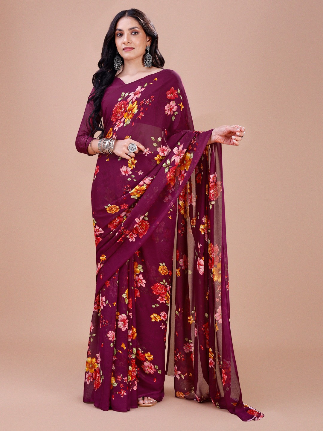 

Dori Floral Printed Pure Georgette Saree, Purple
