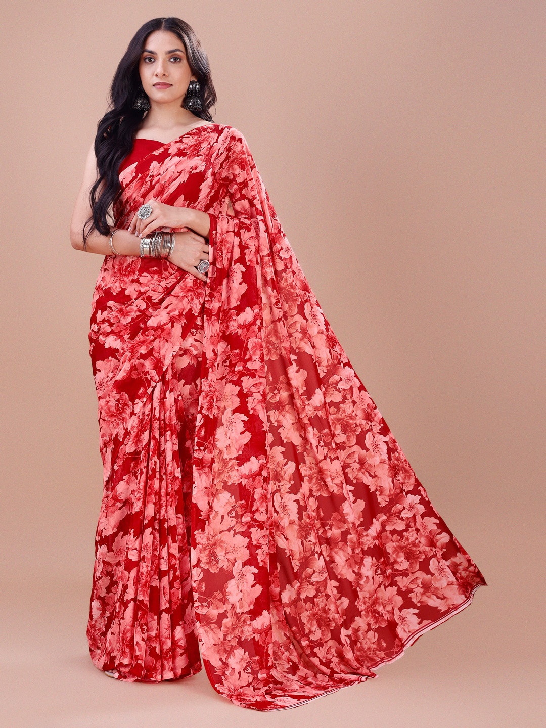 

Dori Floral Printed Pure Georgette Saree, Red