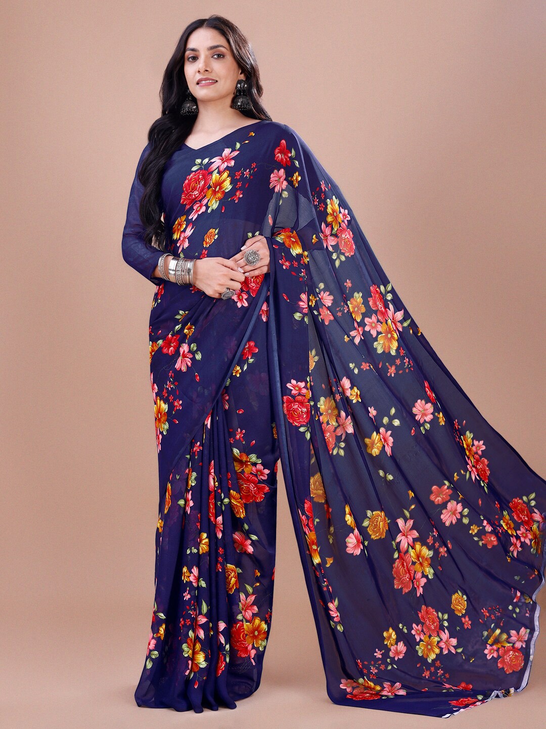 

Dori Floral Printed Pure Georgette Saree, Navy blue