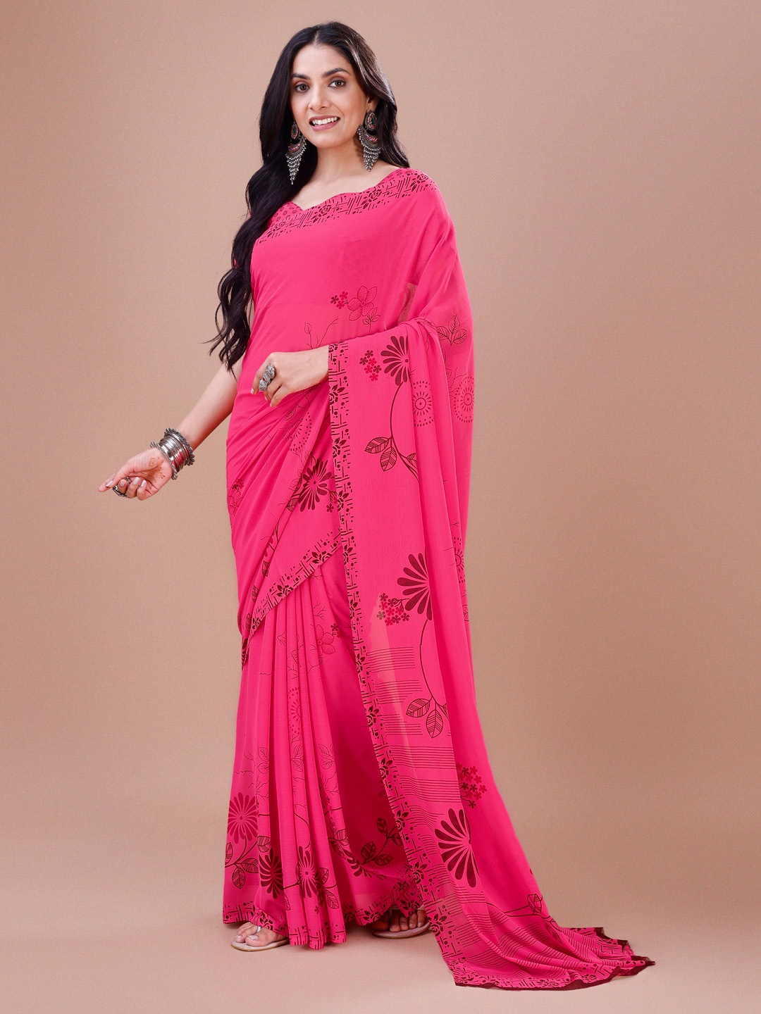 

Dori Floral Printed Pure Georgette Saree, Pink