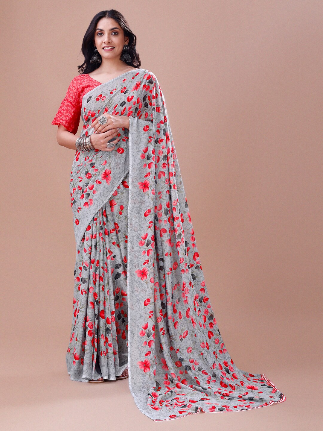

Dori Floral Printed Pure Georgette Saree, Grey