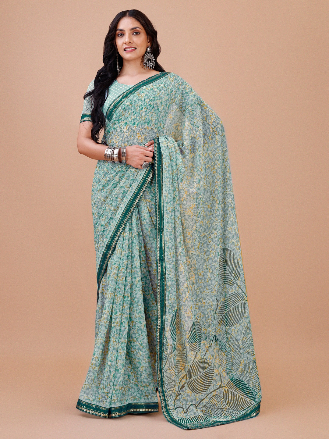 

Dori Floral Printed Beads And Stones Pure Chiffon Saree, Turquoise blue