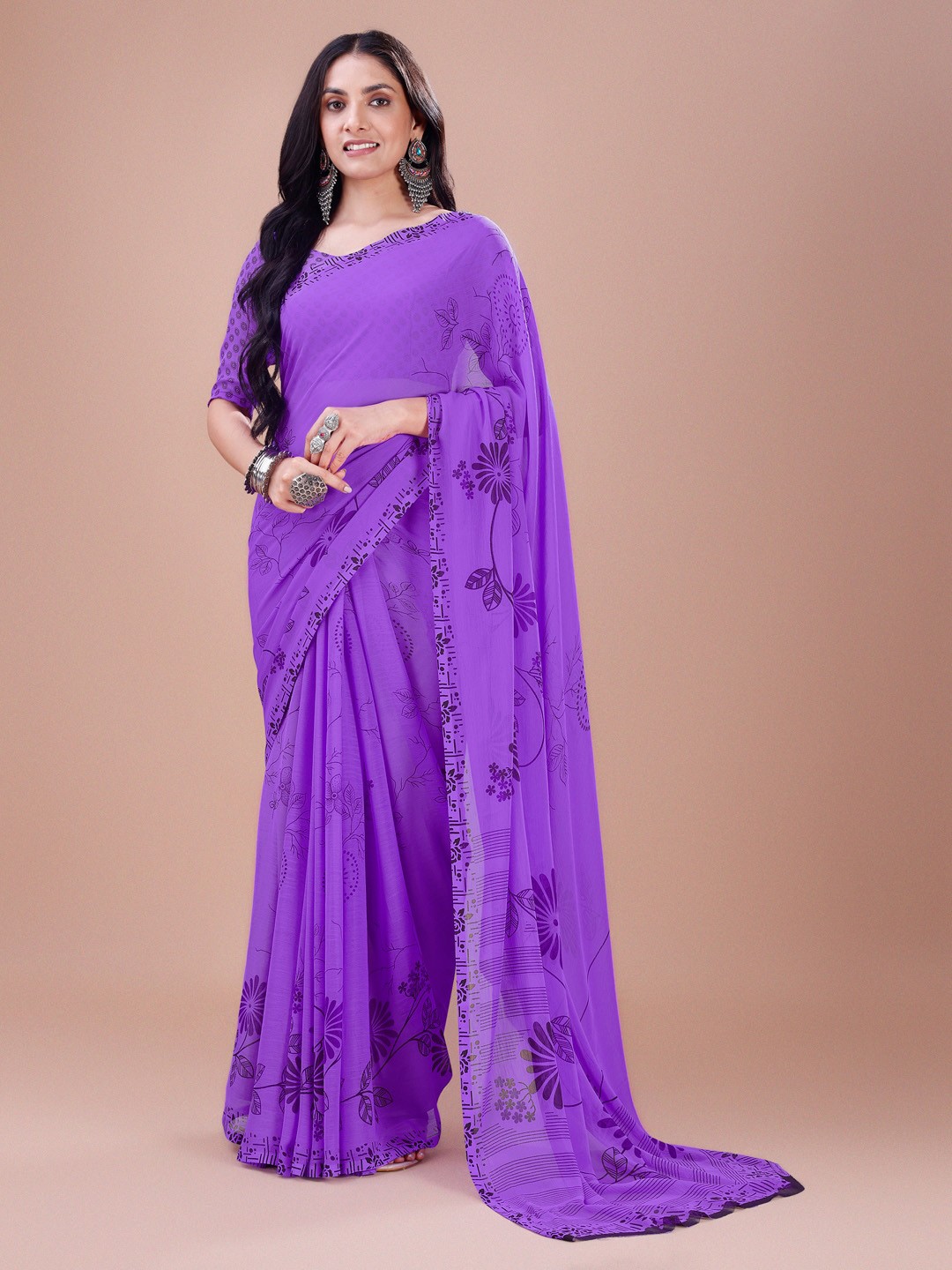 

Dori Floral Printed Pure Georgette Saree, Purple