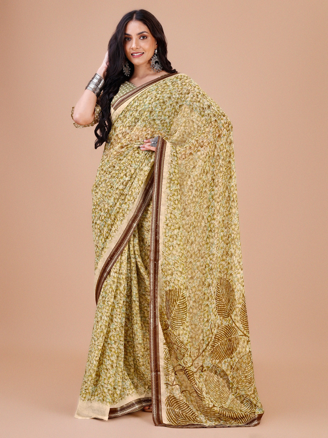 

Dori Floral Printed Pure Chiffon Saree, Olive