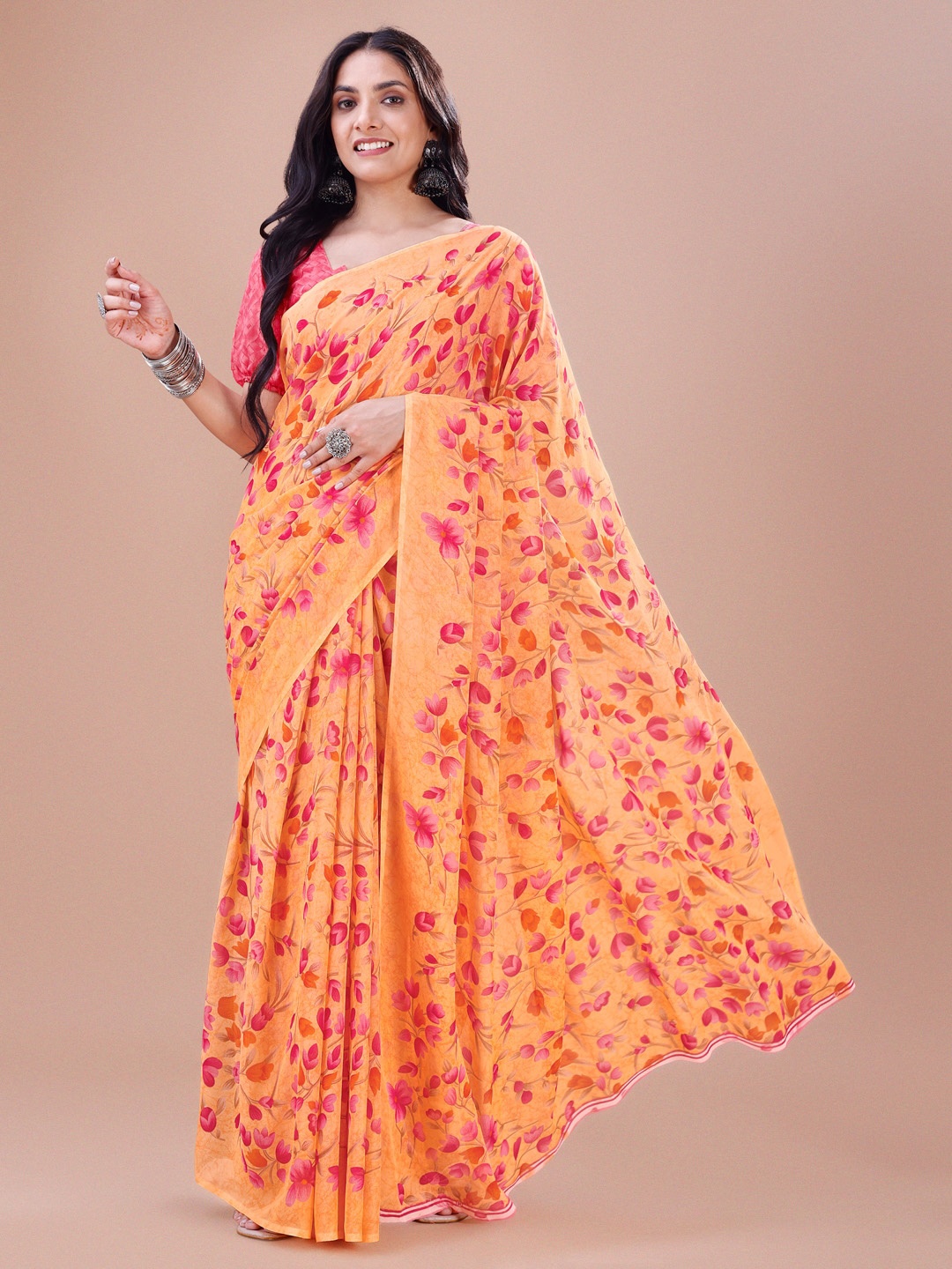 

Dori Floral Printed Pure Georgette Saree, Orange