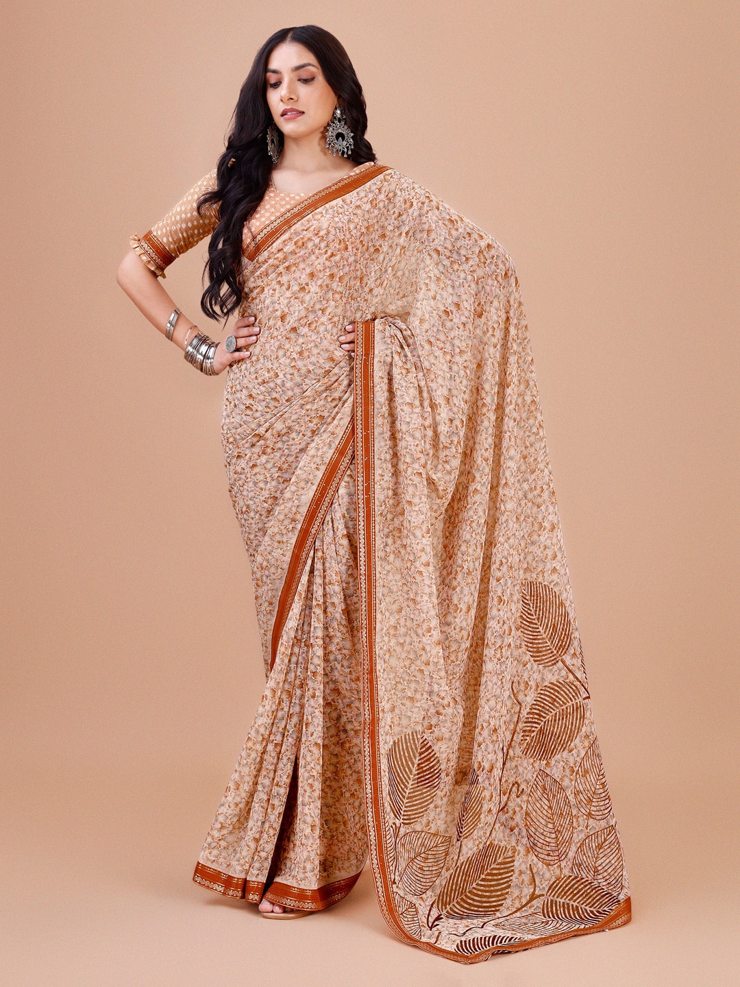 Dori Floral Printed Zari Pure Chiffon Saree, Cream