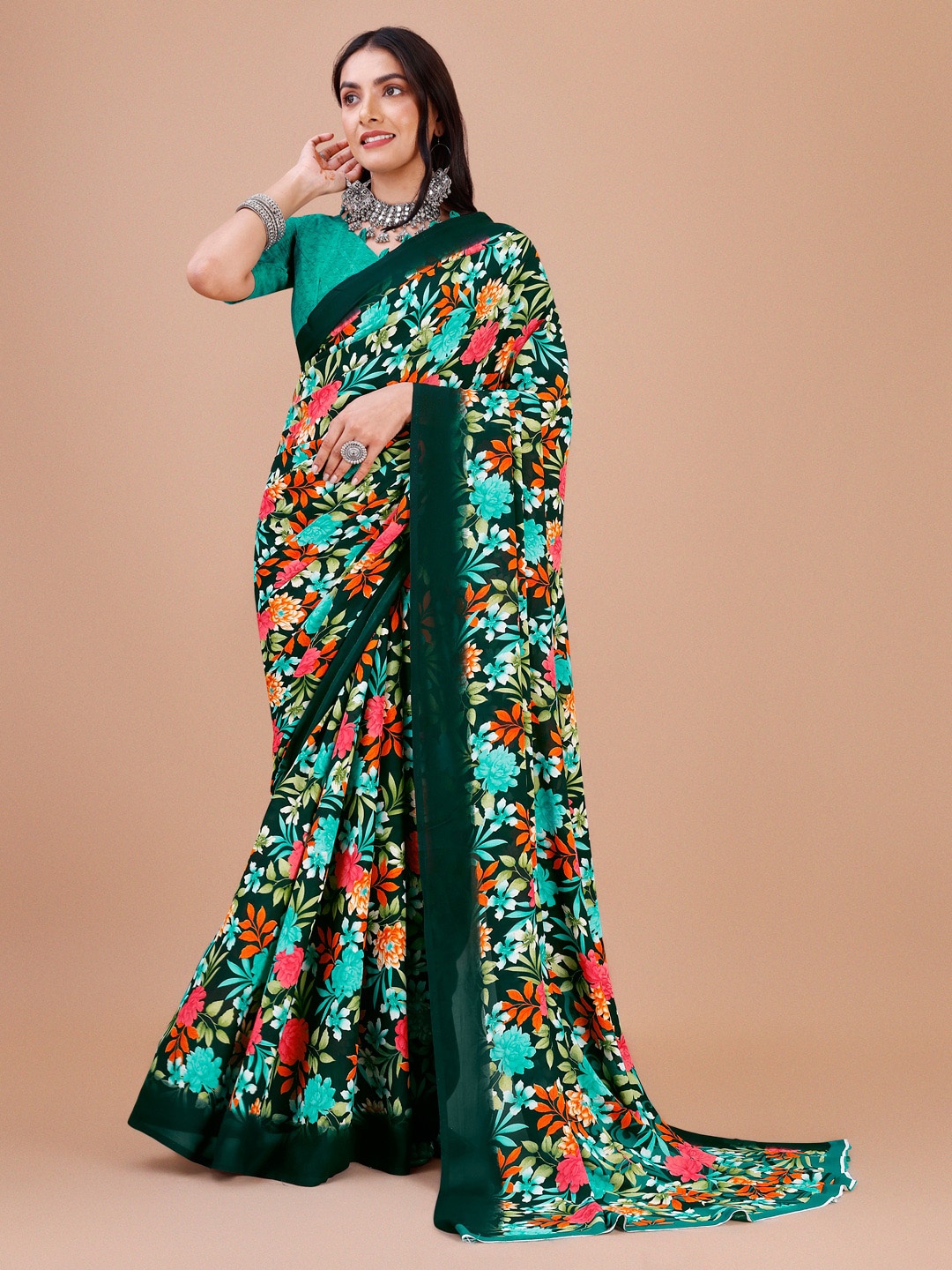 

Dori Floral Printed Pure Georgette Saree, Green