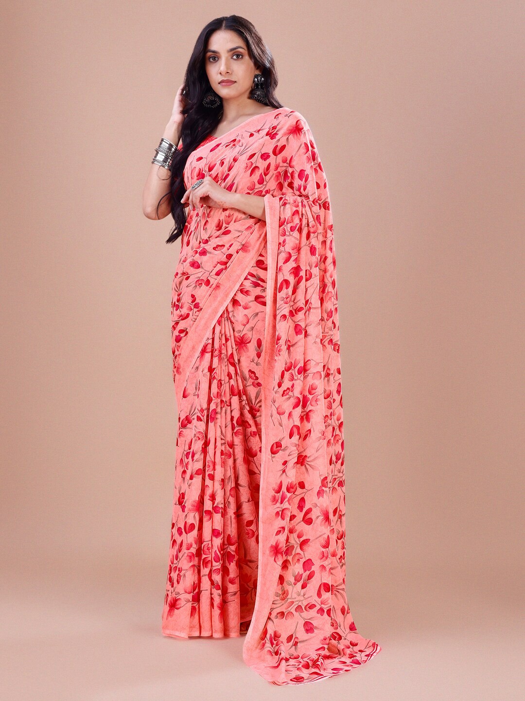 

Dori Floral Printed Pure Georgette Saree, Peach