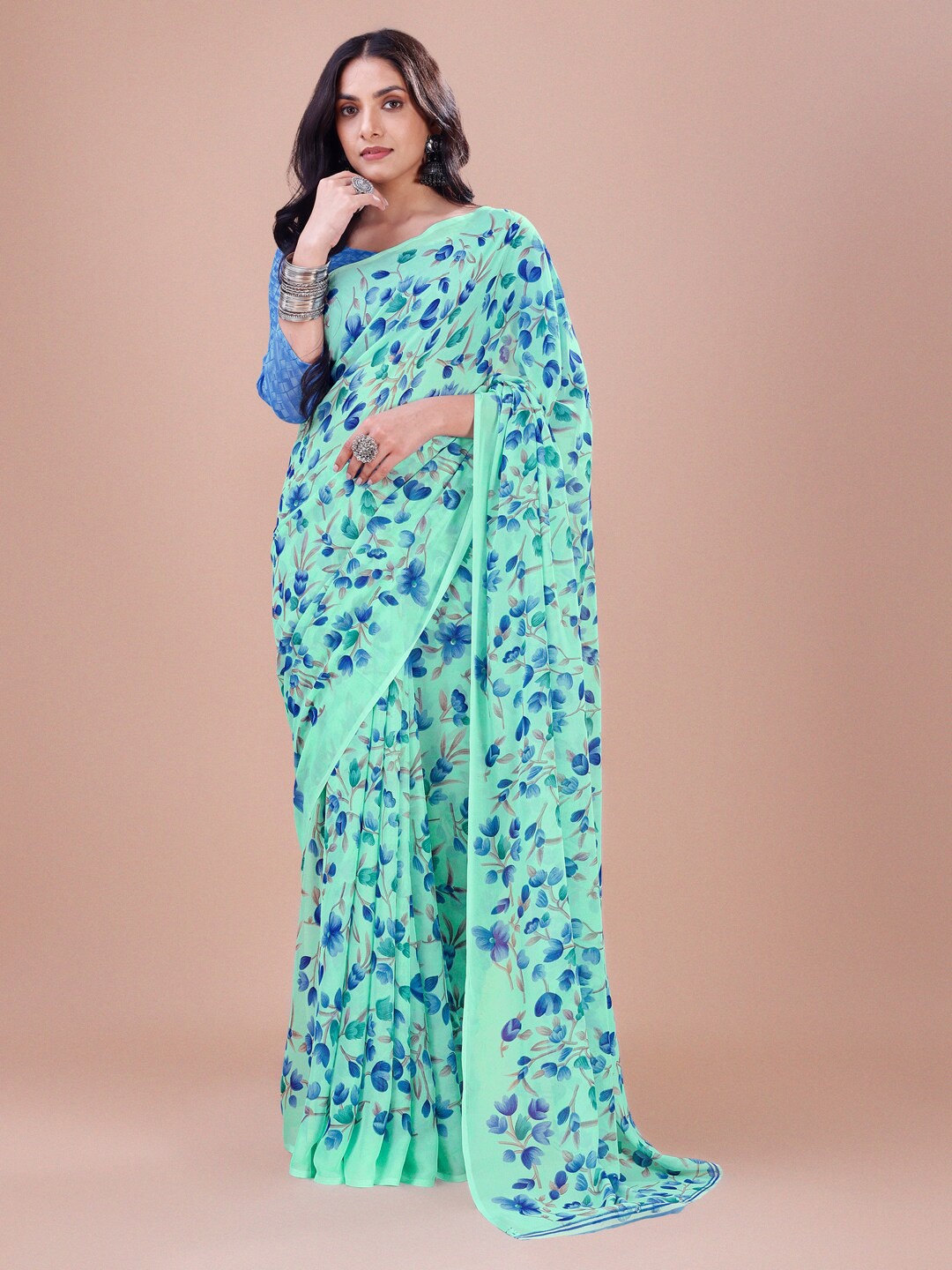 

Dori Floral Printed Pure Georgette Saree, Turquoise blue