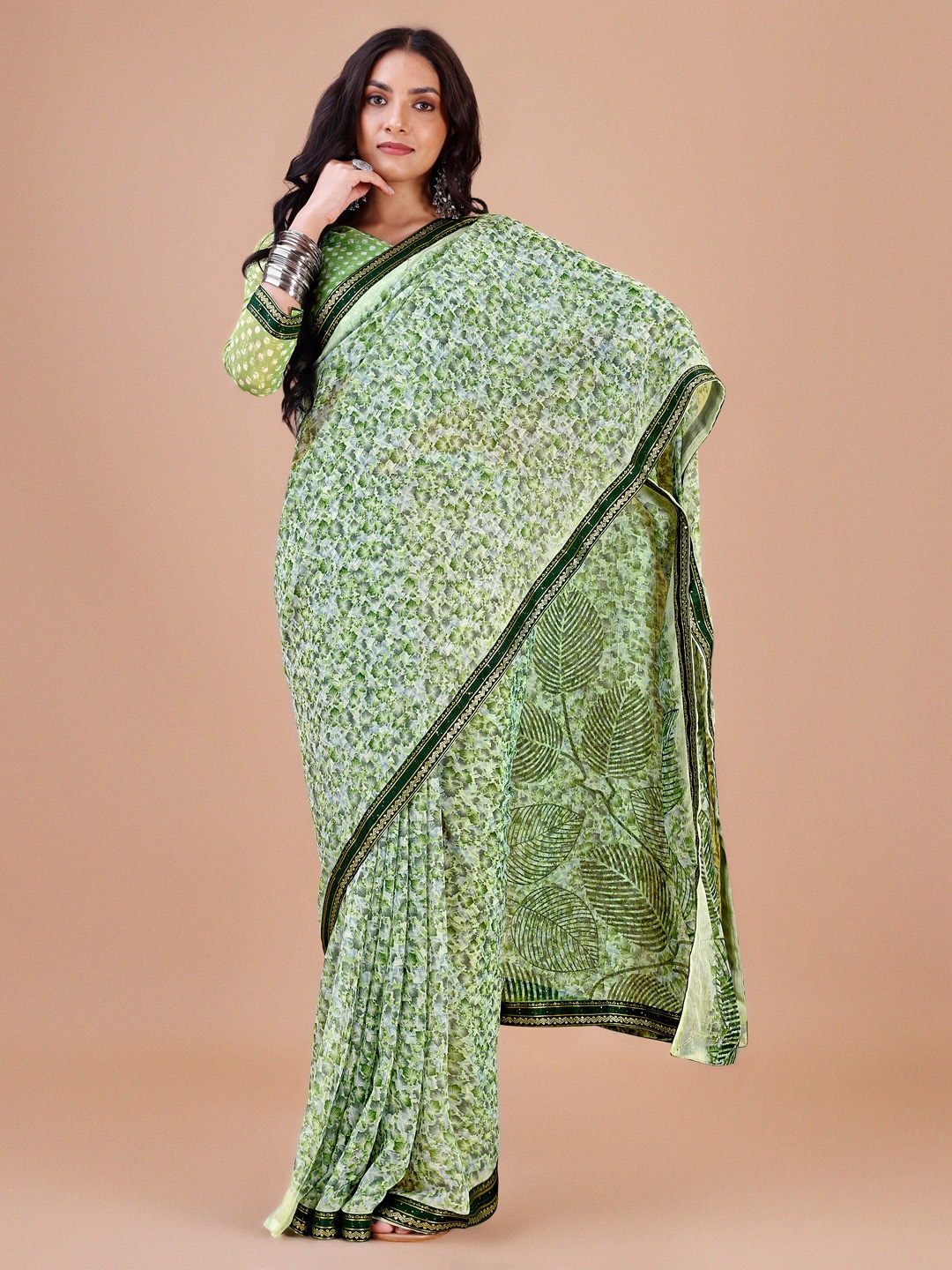 

Dori Floral Printed Beads and Stones Detail Saree, Green