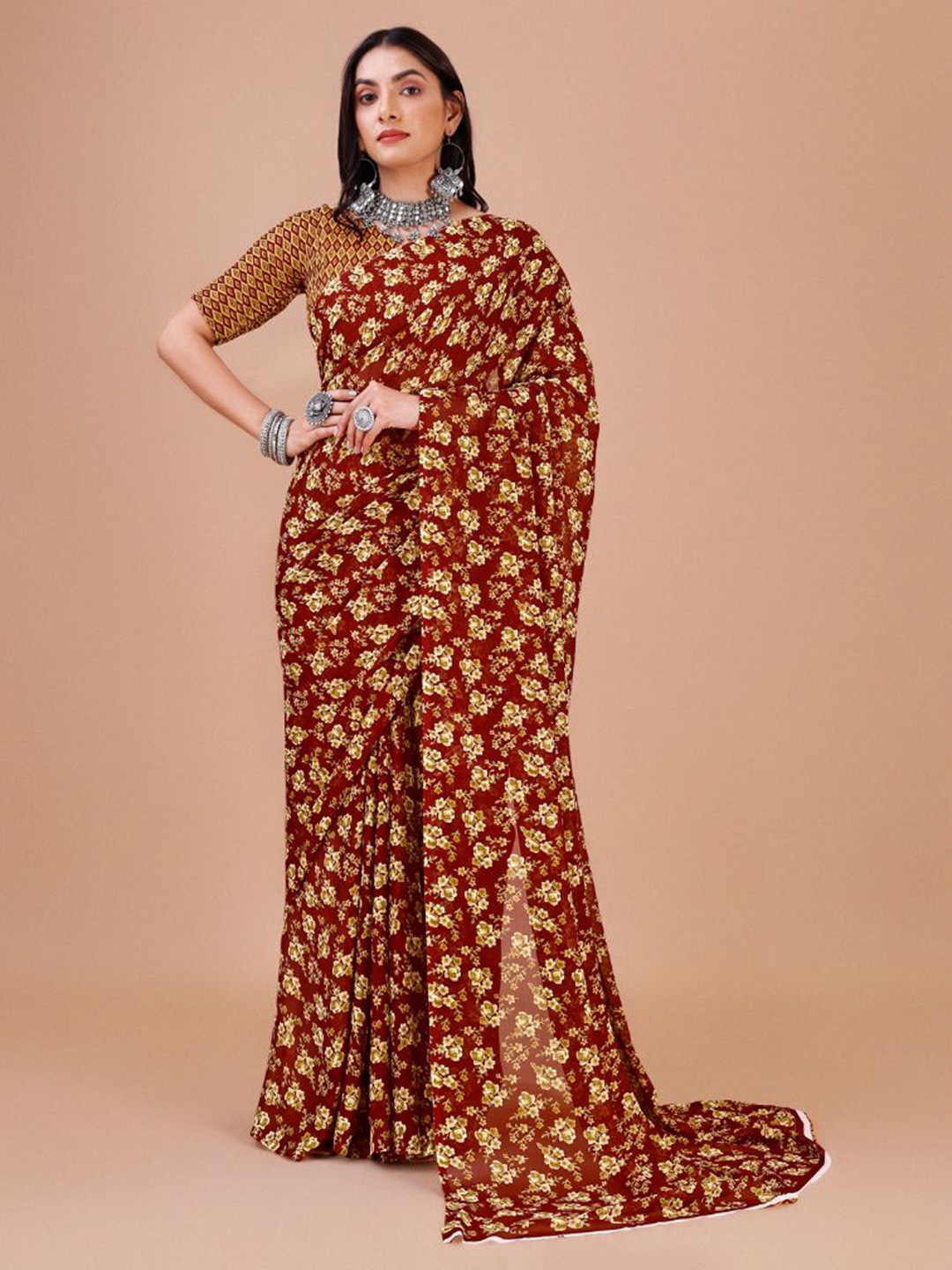 

Dori Floral Printed Pure Georgette Saree, Maroon