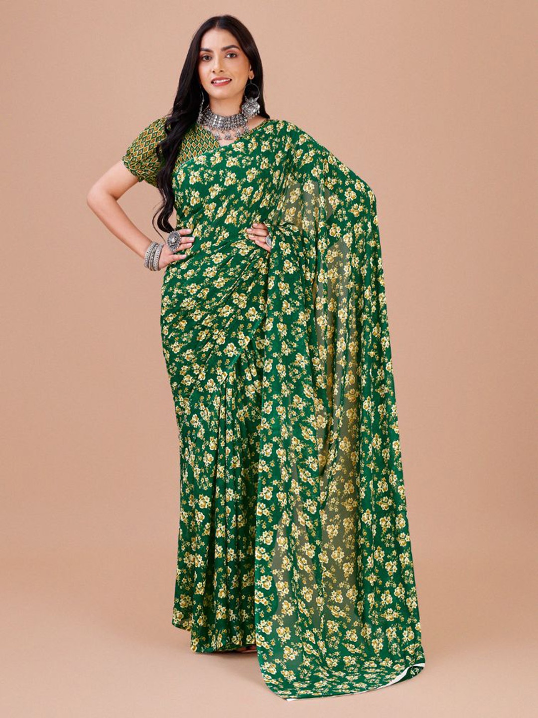 

Dori Floral Printed Pure Georgette Saree, Green