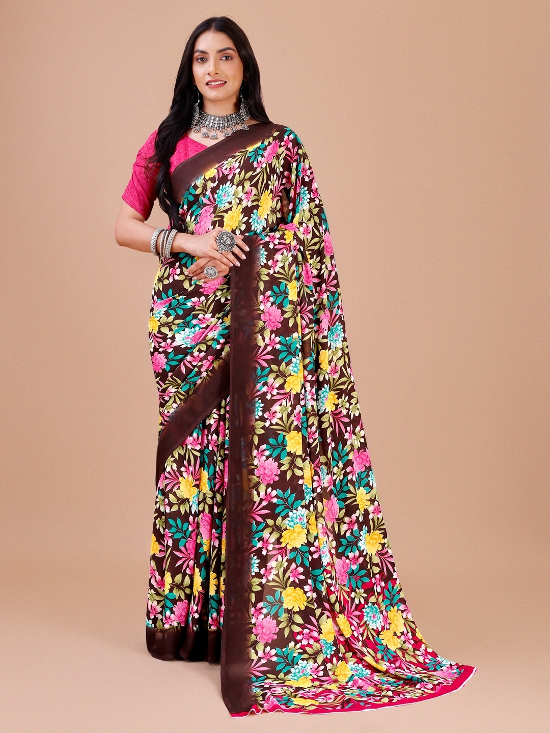 

Dori Floral Printed Pure Georgette Saree, Brown