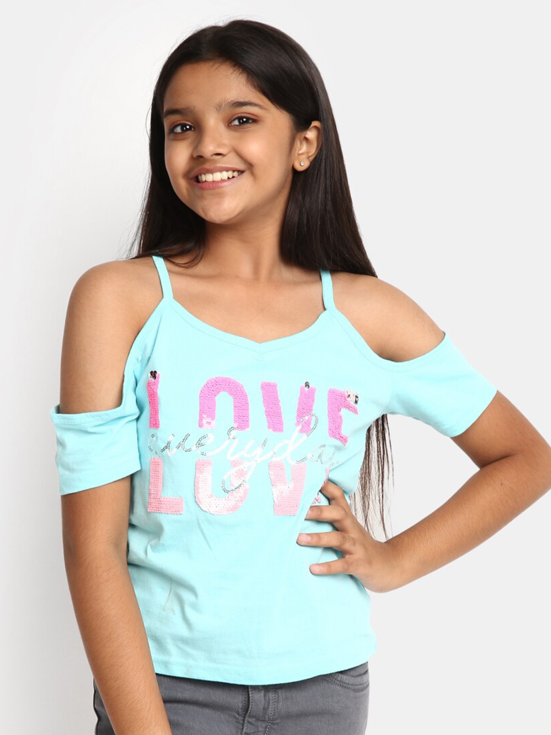 

V-Mart Girls Embellished Cold-Shoulder Sleeves Sequinned Detailed Cotton Top, Blue