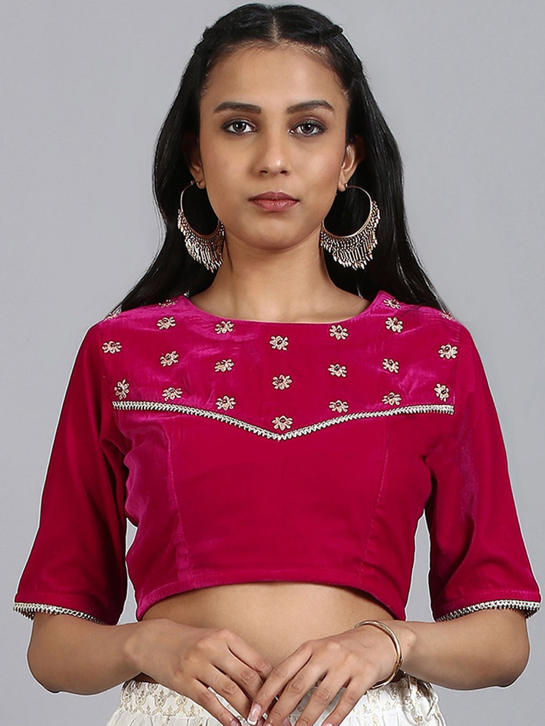 

Janasya Floral Embroidered Velvet Saree Blouse, Pink