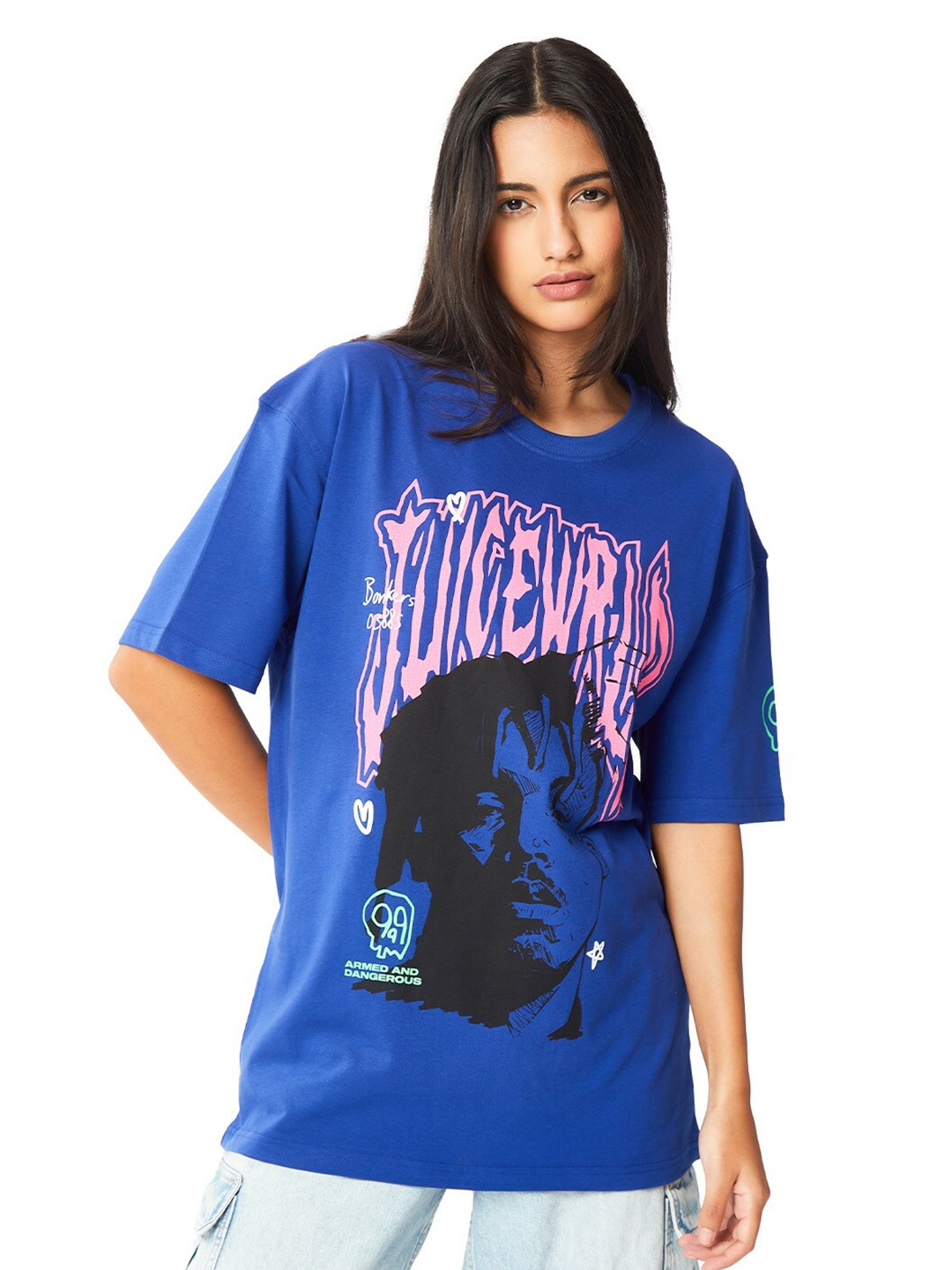 

Bonkers Corner Blue Graphic Printed Drop-Shoulder Sleeves Cotton Oversized T-shirt