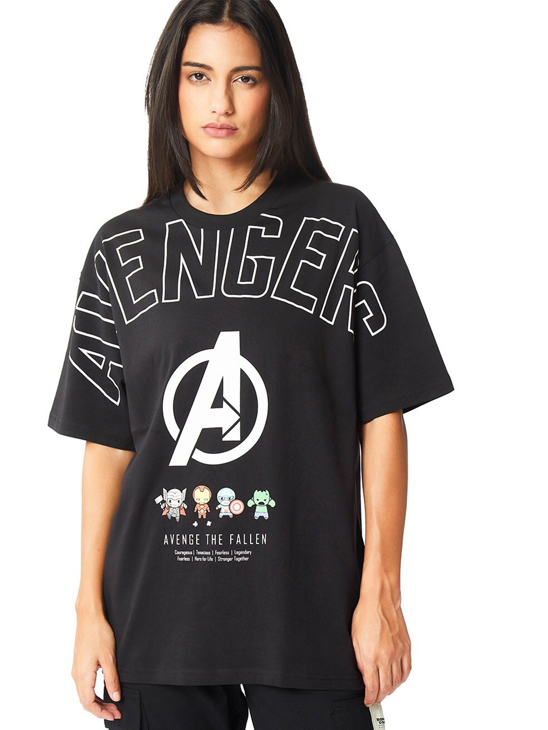 Bonkers Corner Black Avengers Printed Drop-Shoulder Sleeves Cotton Oversized T-shirt