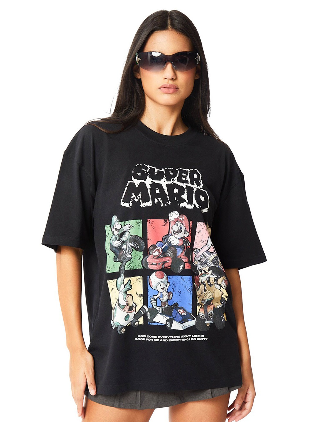 

Bonkers Corner Oversized Graphic Printed Drop-Shoulder Sleeves Cotton T-shirt, Black