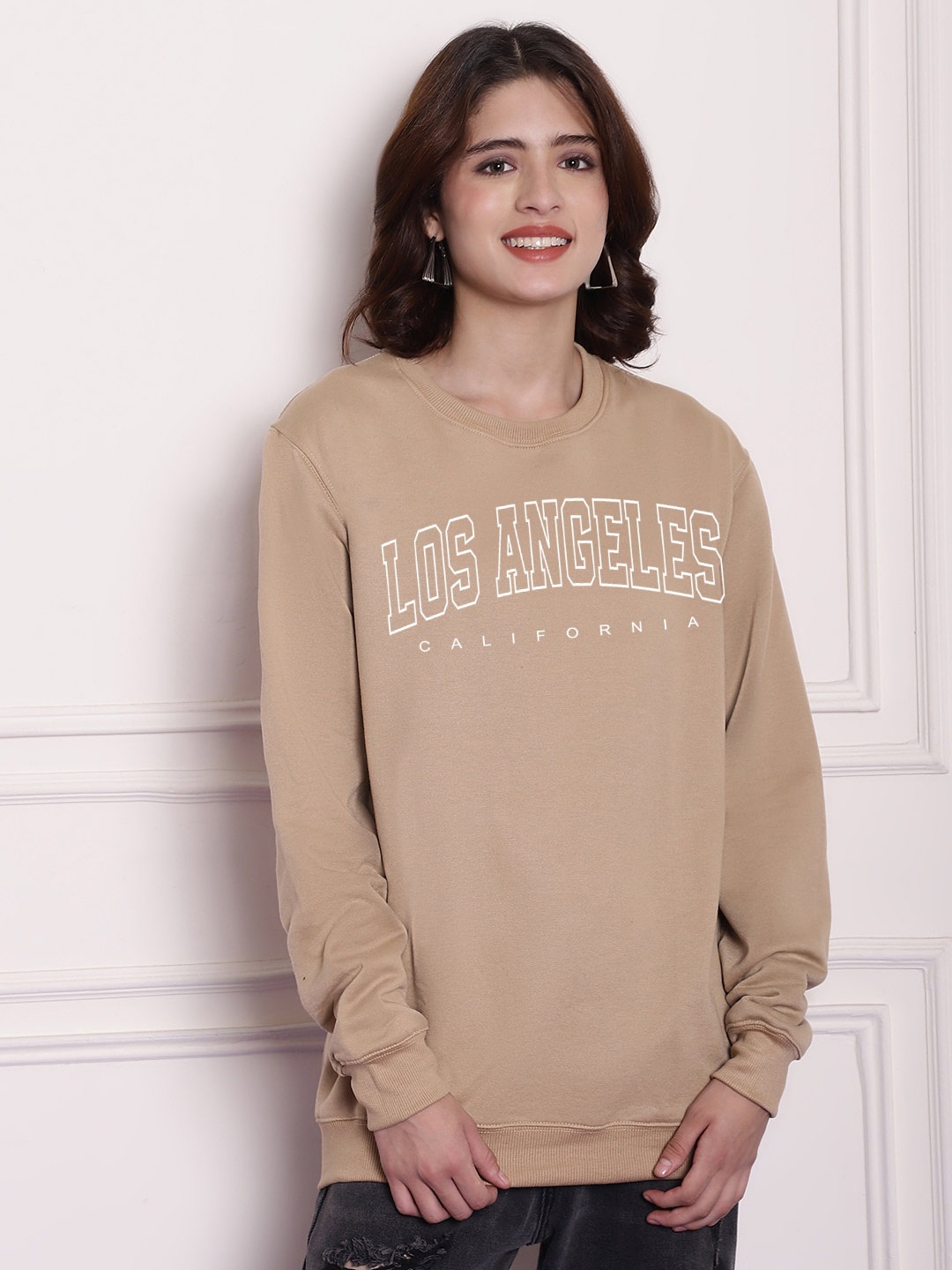 

Imsa Moda Typography Printed Long Sleeves Fleece Oversized Pullover, Beige