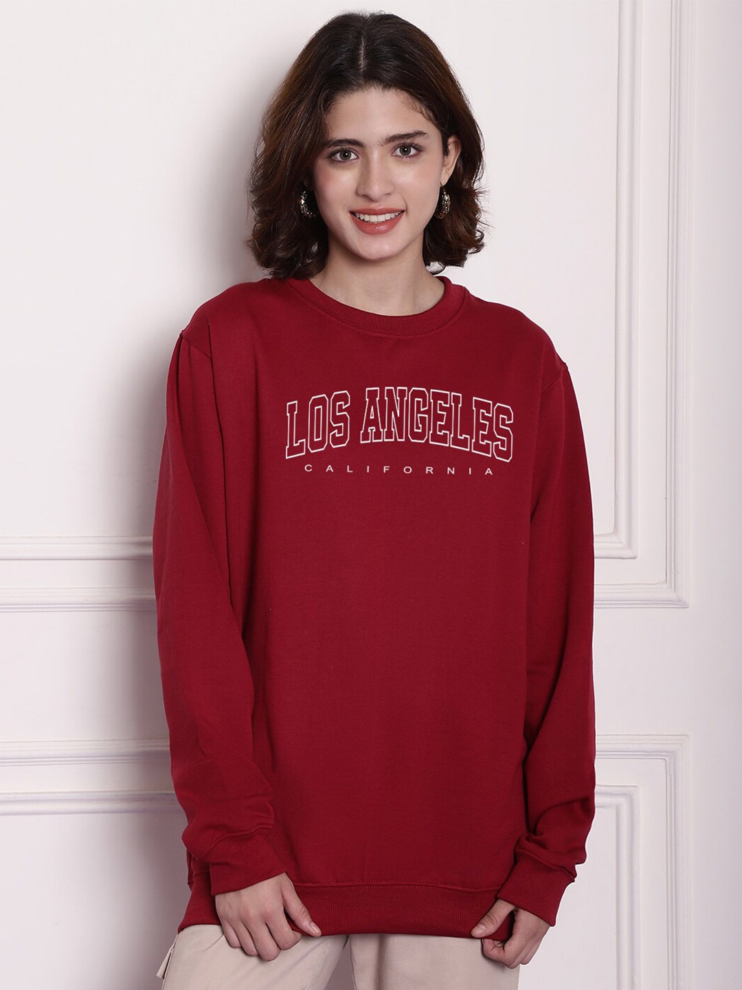 

Imsa Moda Typography Printed Long Sleeves Fleece Oversized Pullover, Maroon