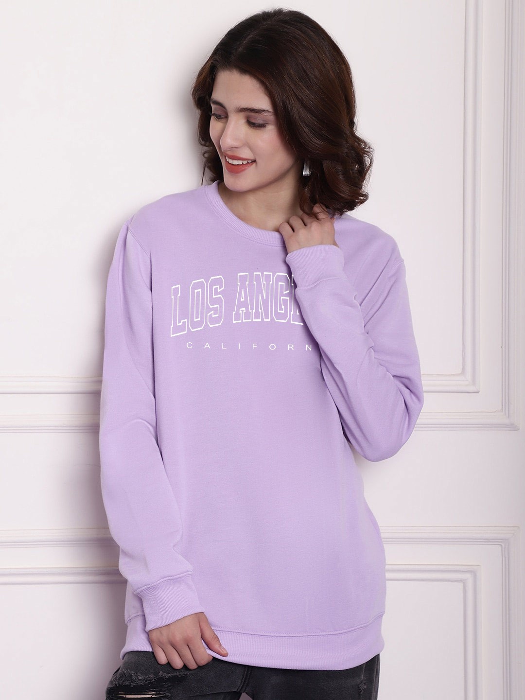 

Imsa Moda Typography Printed Long Sleeves Fleece Oversized Pullover, Lavender