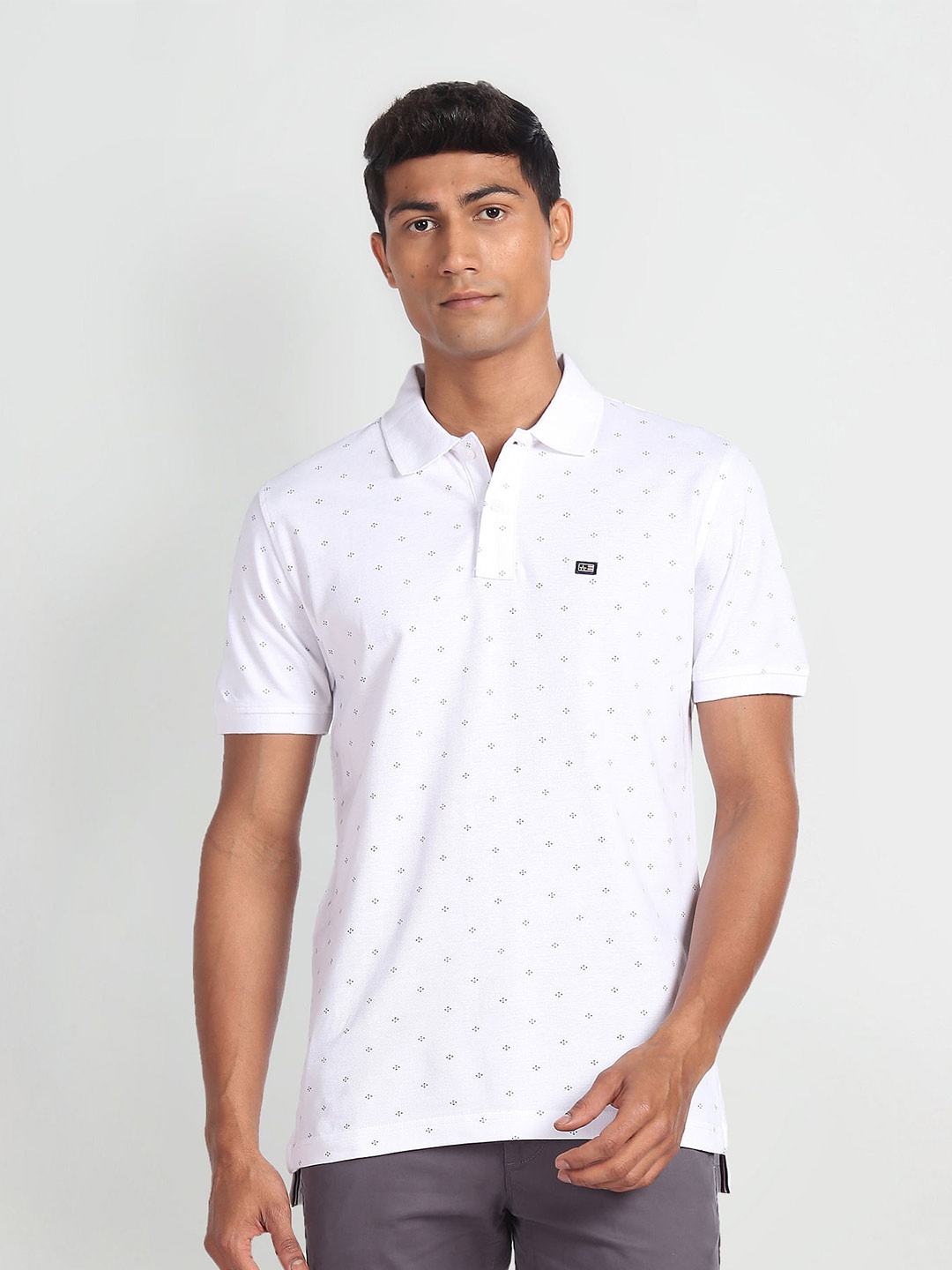 

Arrow Sport Polka Dot Printed Polo Collar Cotton T-shirt, White