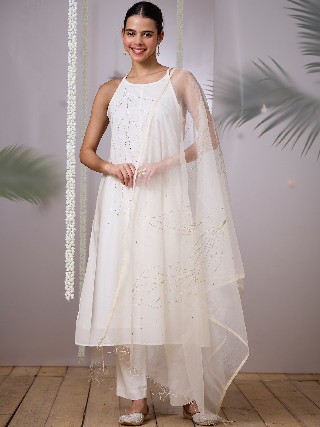 

OKHAI Ethnic Motifs Embroidered Sequinned Pure Cotton Kurta With Trousers & Dupatta, White