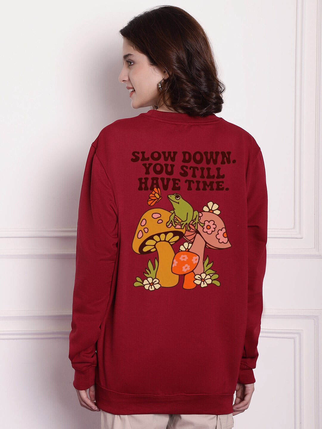 

Imsa Moda Graphic Printed Fleece Oversized Longline Pullover, Maroon