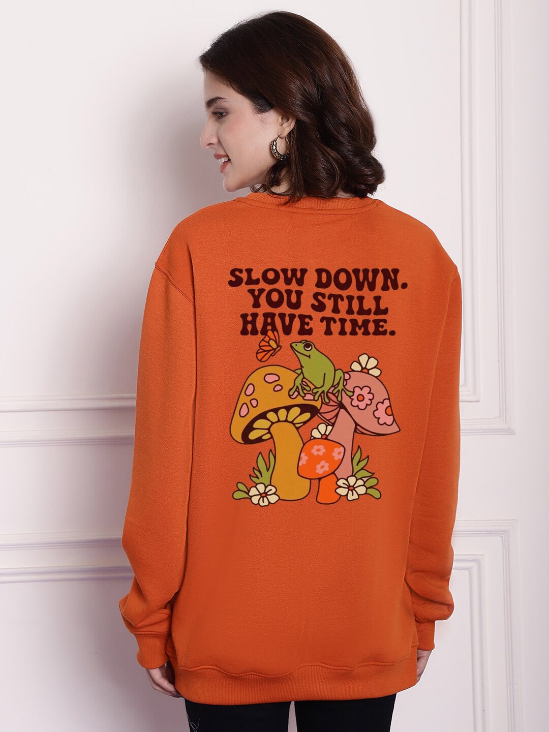 

Imsa Moda Graphic Printed Longline Fleece Oversized Pullover, Orange