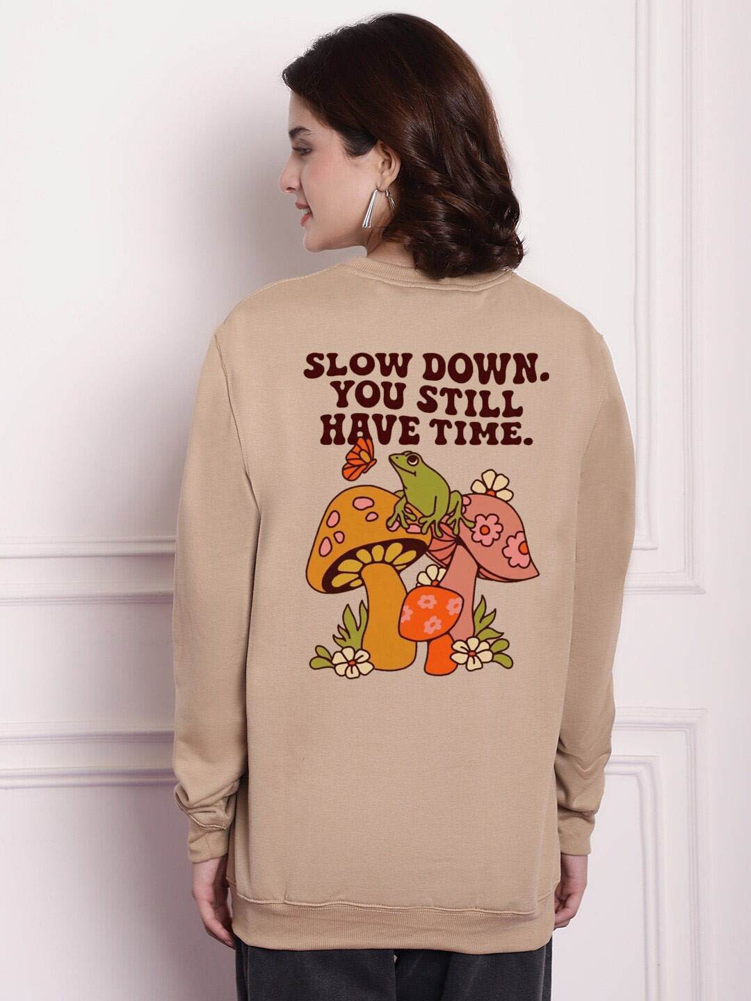

Imsa Moda Typography Printed Fleece Oversized Pullover Sweatshirt, Beige