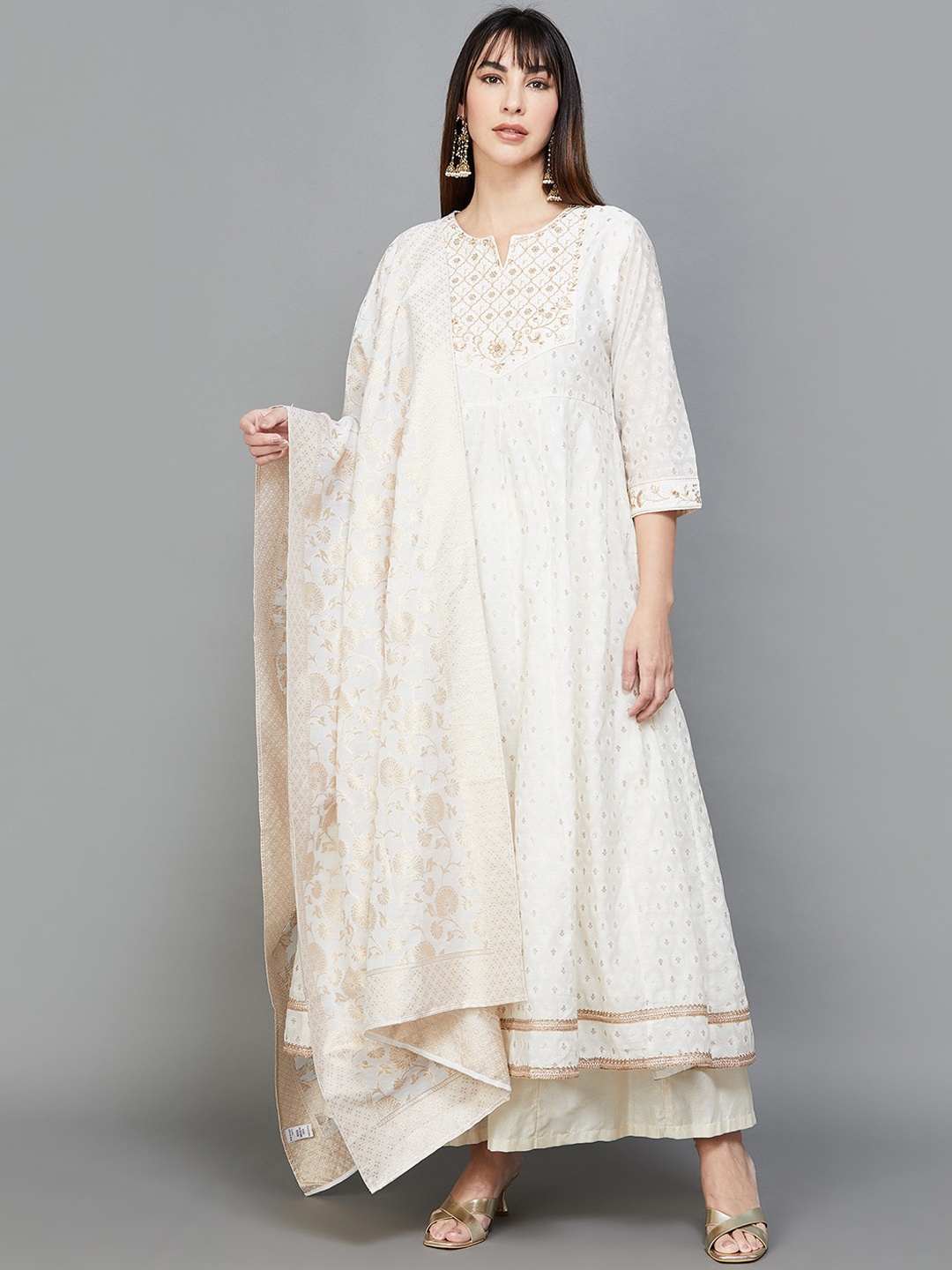 

Melange by Lifestyle Floral Printed Chanderi Silk A Line Kurta With Palazzos & Dupatta, Off white