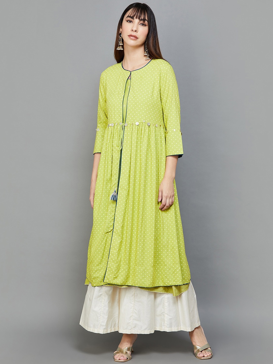 

Melange by Lifestyle Floral Printed Sleeveless A-Line Kurta With Palazzos & Shrug, Yellow