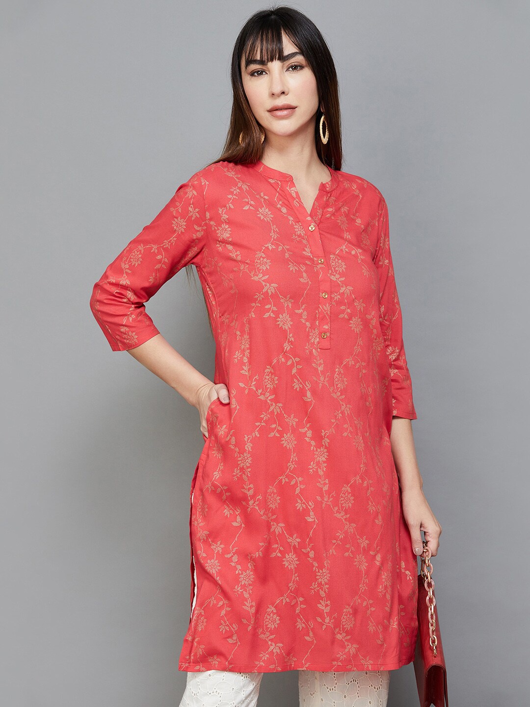 

Melange by Lifestyle Floral Printed Mandarin Collar Kurta, Coral