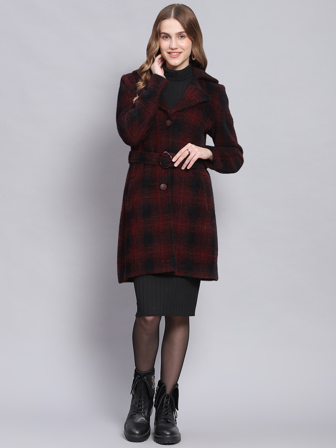 

Monte Carlo Checked Single-Breasted Overcoat, Maroon