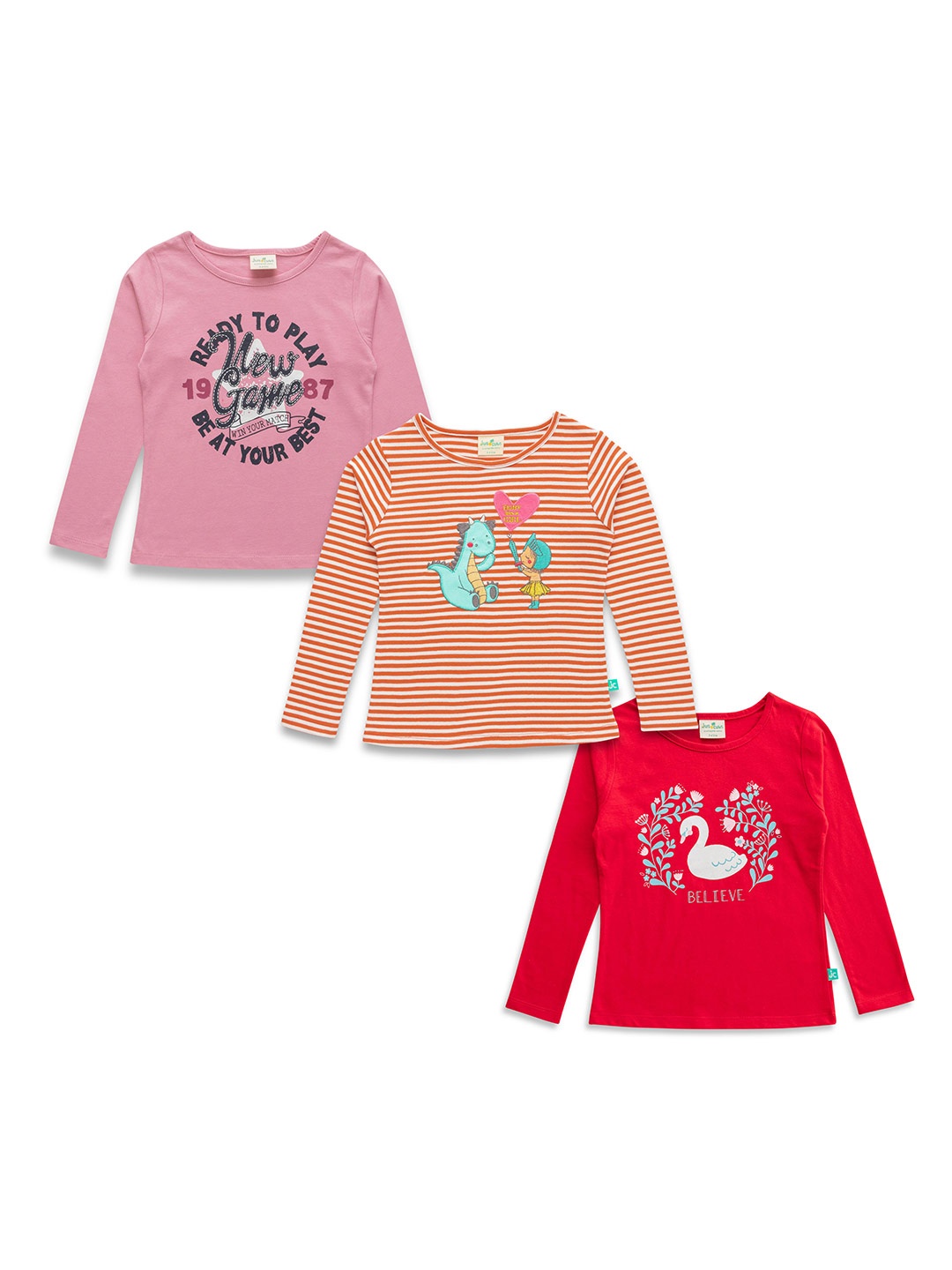 

JusCubs Girls Pack Of 3 Typography Printed Cotton T-shirt, Pink