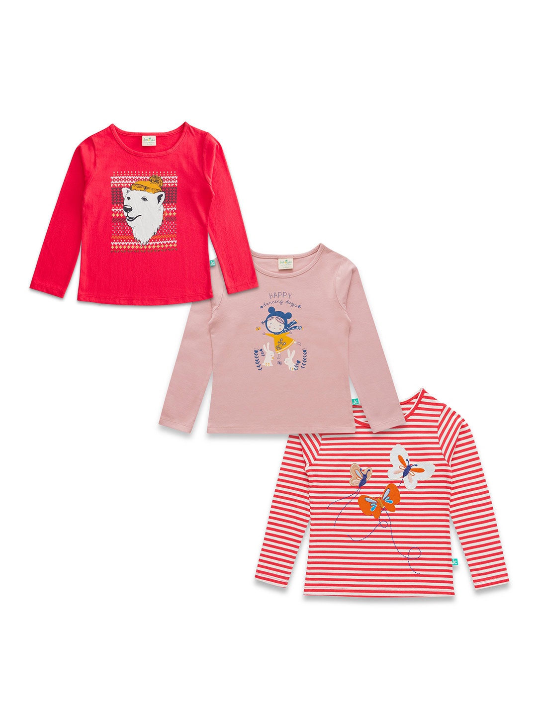 

JusCubs Girls Pack Of 3 Graphic Printed Cotton T-shirt, Red