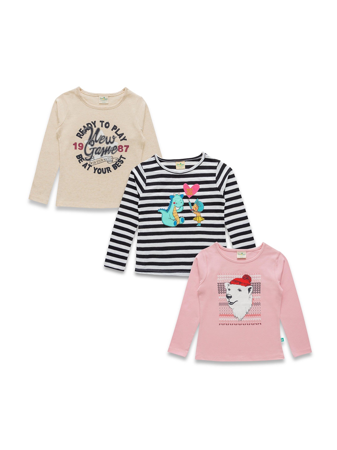 

JusCubs Girls Pack Of 3 Typography Printed Cotton T-shirt, Beige