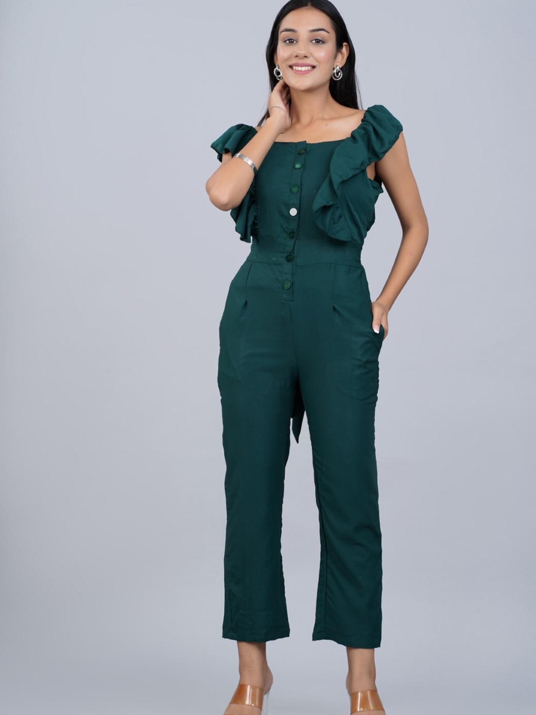 

SIPET Square Neck Ruffles Basic Jumpsuit, Green