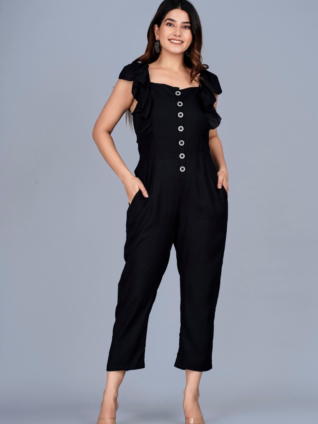 

SIPET Square Neck Ruffles Basic Jumpsuit, Black