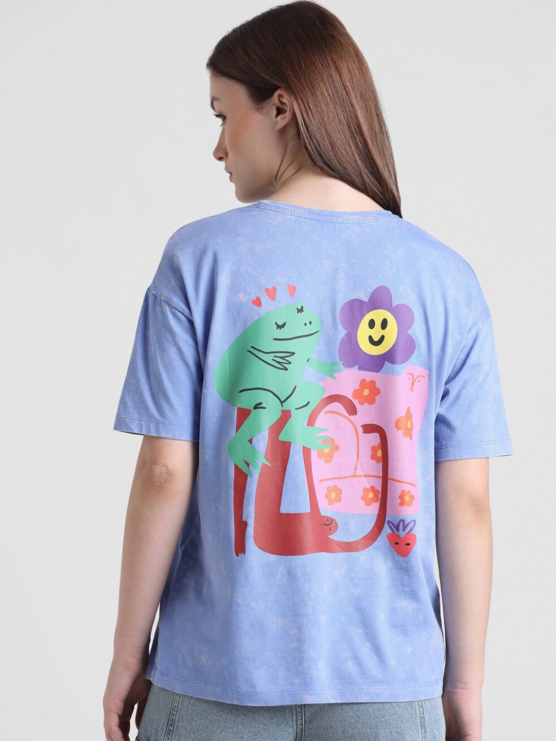 

ONLY Graphic Printed Drop-Shoulder Sleeves Oversized Pure Cotton T-shirt, Blue