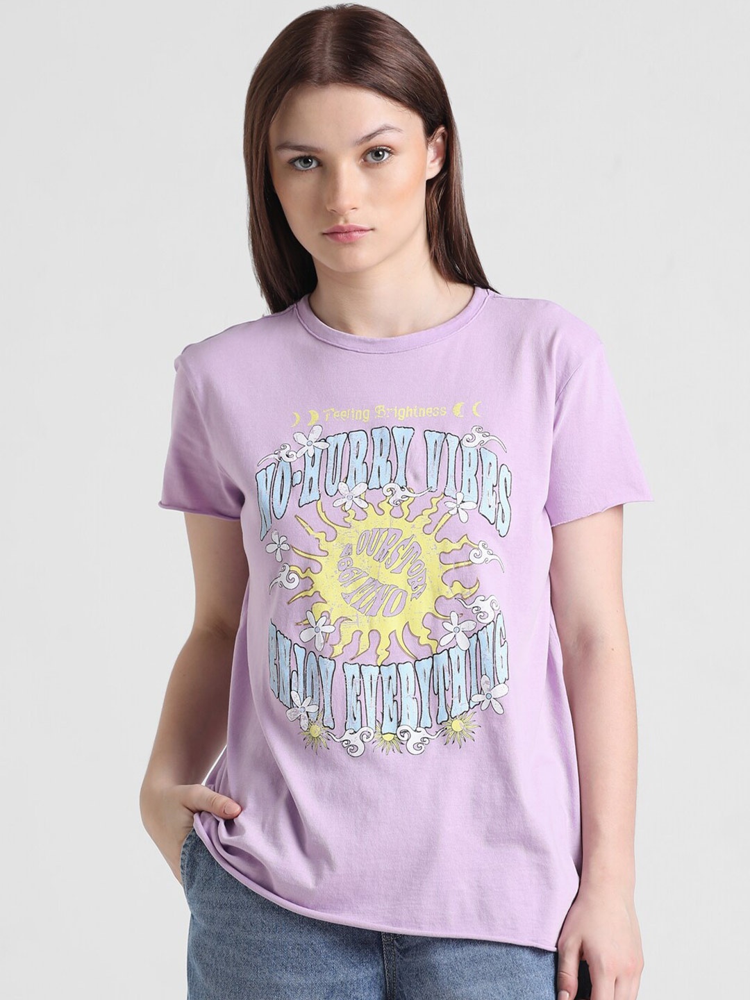 

ONLY Typography Printed Round Neck Pure Cotton T-shirt, Violet