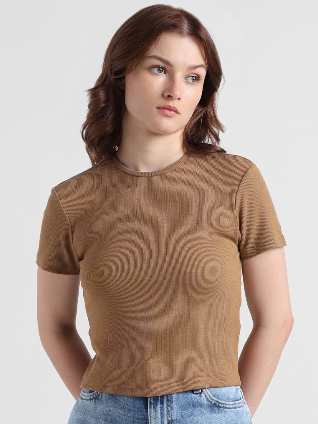 

ONLY Round Neck Short Sleeves Slim Fit T-shirt, Brown